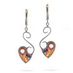 Pair of drop earrings with S-scroll and heart in pink and lavender with opal cabochon and beads