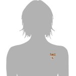Cat face pin with crown and dangling scrollwork body shown on gray bust form