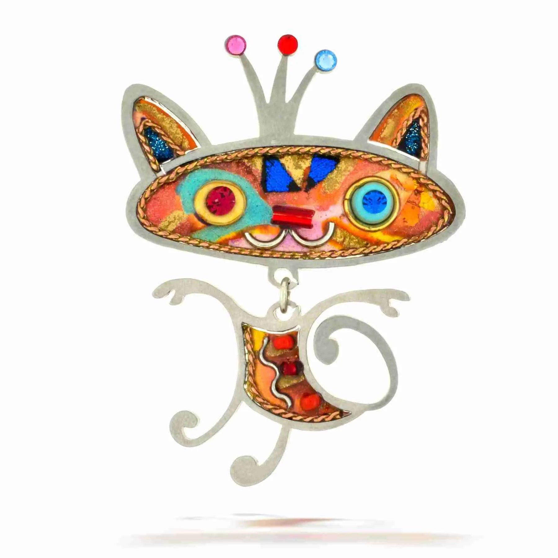 1420829 Cat Face Pin - Front View Pin of a cat face with crystal crown, orange and turquoise paint, and dangling scrollwork body