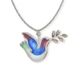 Back of dove pendant showing stainless steel frame and reverse painted surface in blue and green
