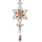 Back of Star of David pendant showing stainless steel frame, copper spiral findings, and glass bead dangle