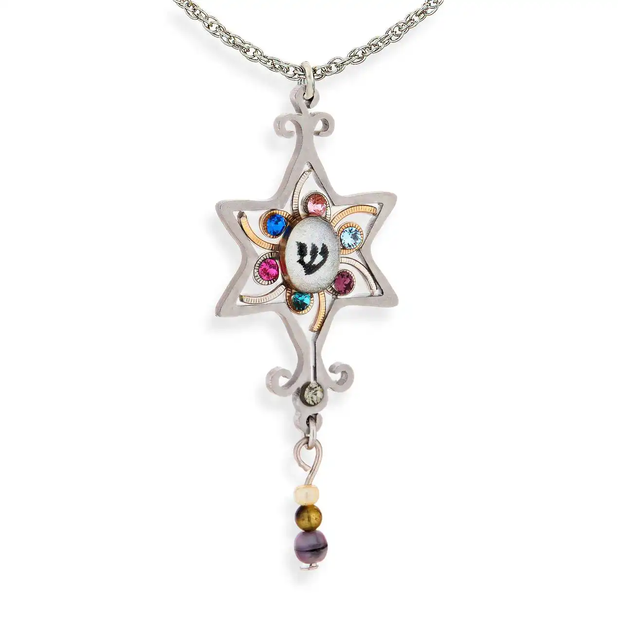 1430063 Star of David and Shin Necklace - Front View Star of David necklace with Shin letter, multicolor Swarovski crystals, and bead dangle on platinum-plated chain