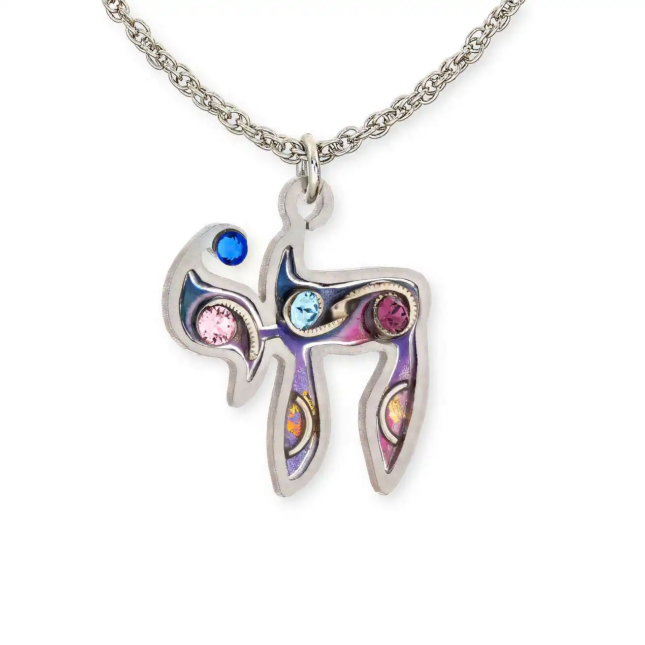 1430287N Chai Necklace - Front View Chai necklace pendant hand-painted in blue, purple, and pink with Swarovski crystals on platinum-plated chain