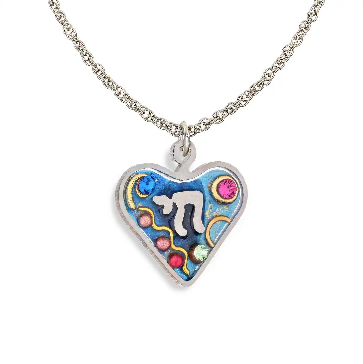 1430627BL Heart with Chai Necklace - Front View Necklace with heart pendant, Chai cutout, swirl patterns, and crystals in blue and multicolor