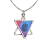 Back of Star of David pendant showing stainless steel triangles and painted reverse in pink and blue