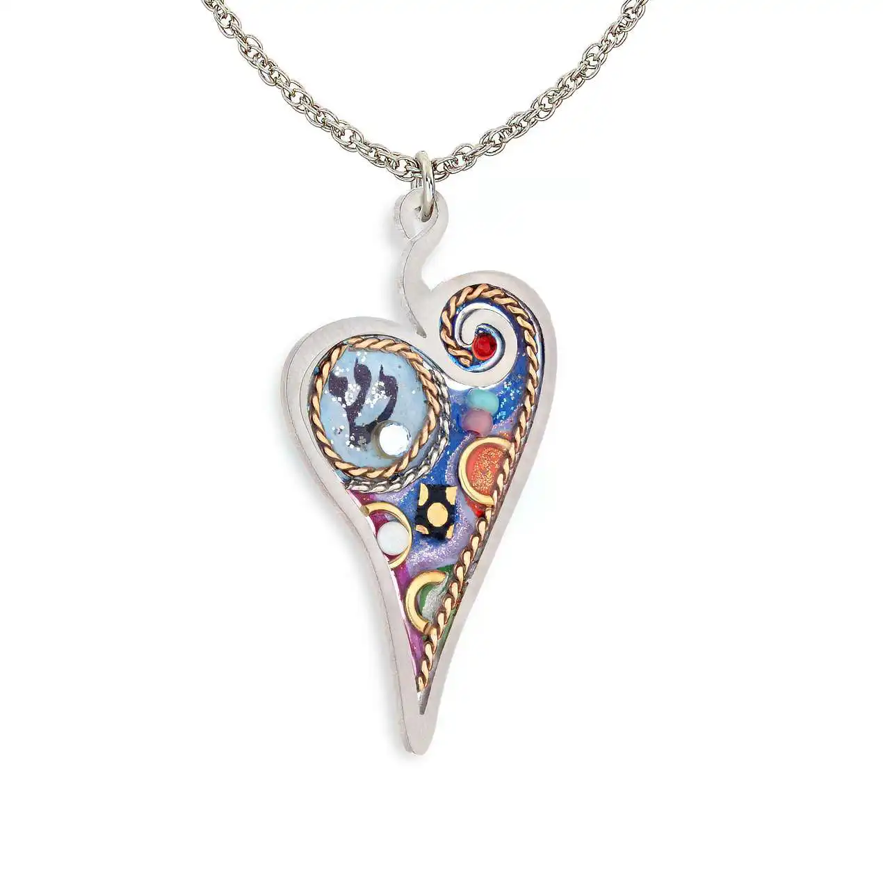 1430914 Heart with Shin Necklace - Front View Necklace with hand-painted heart pendant featuring Shin letter and paisley swirls in blue and multicolor