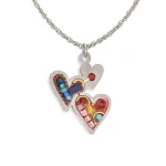 Necklace with two overlapping hearts filled with glass beads and crystals in pink, red, and blue