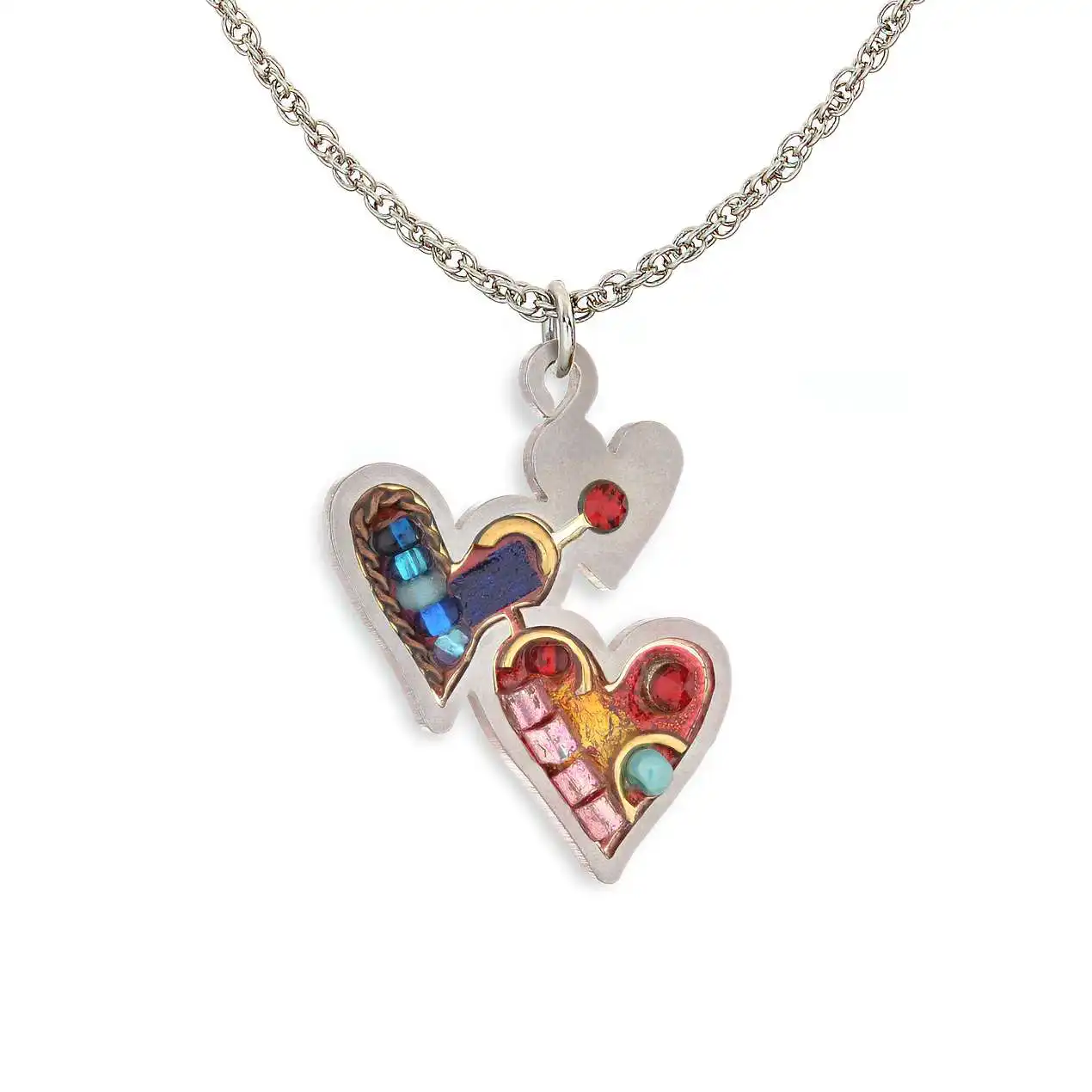 1431023 Double Heart with Beads Necklace - Front View Necklace with two overlapping hearts filled with glass beads and crystals in pink, red, and blue