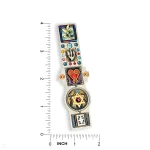 Compact mezuzah with dove, heart, Star of David, and stacked panels next to ruler showing 3.8 in height