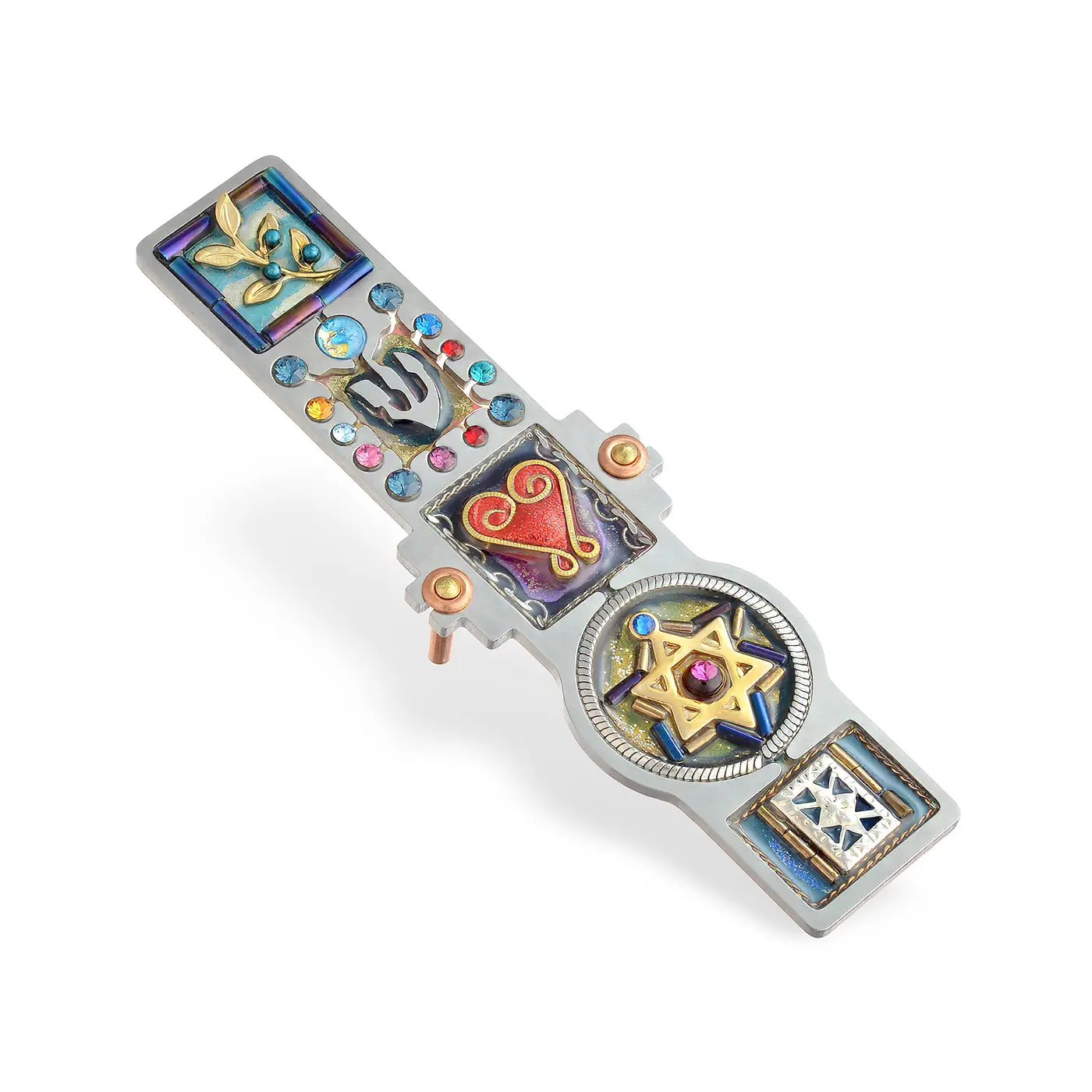 1459904 Star of David and Heart Mezuzah - Front View Stainless steel compact mezuzah with dove, heart, gold Star of David, and colorful bead border