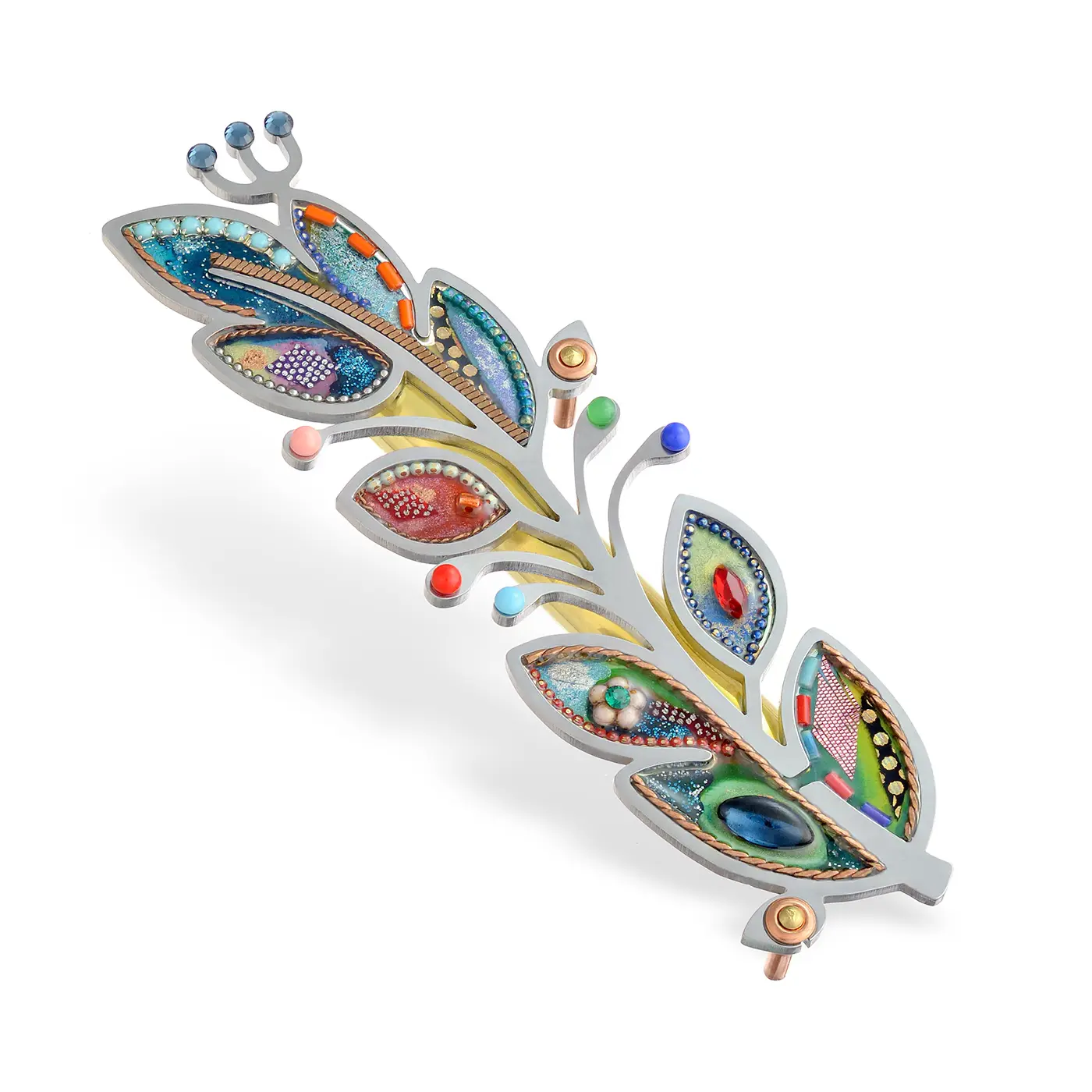 1451824 Feather Mezuzah - Front View Stainless steel feather mezuzah with painted barbs in turquoise, pink, coral, and iridescent blue